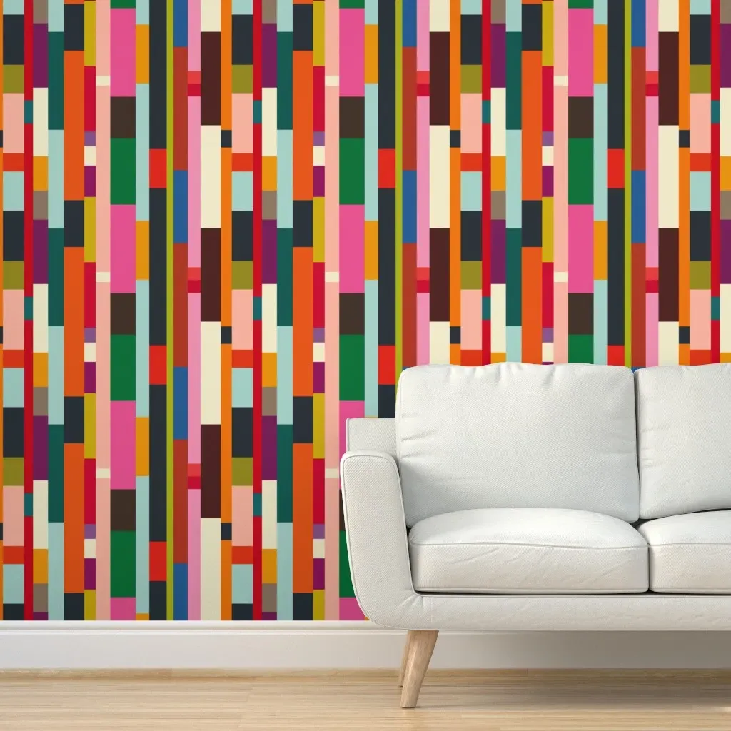 Peel and Stick Cheater Quilt Wallpaper - Teal, Pink, Red product
