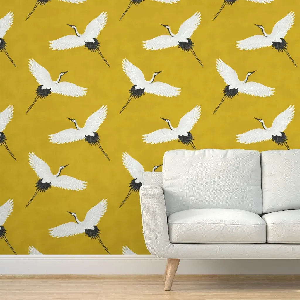 Peel and Stick Cranes Wallpaper - Mustard product