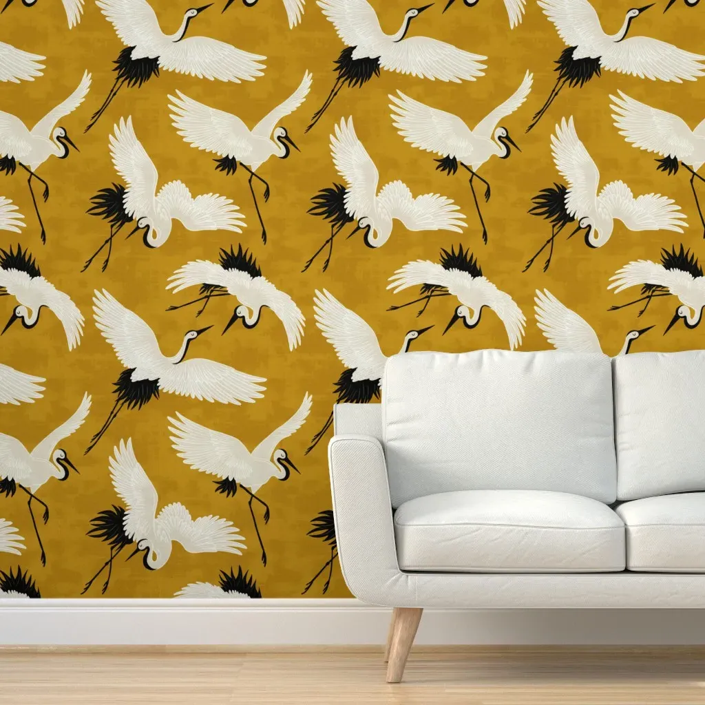 Peel and Stick Cranes Wallpaper - White, Gold product