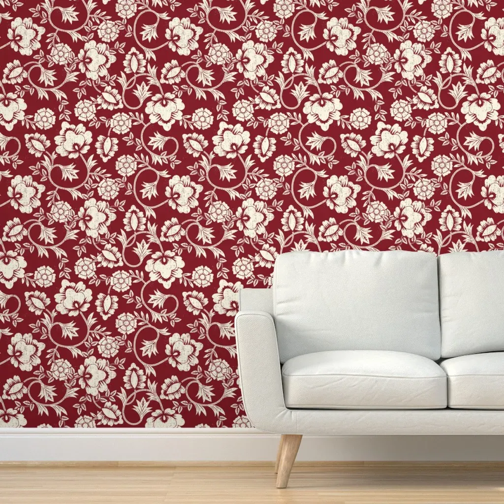 Peel and Stick Damask Block Print Wallpaper - Off-White, Burgundy product