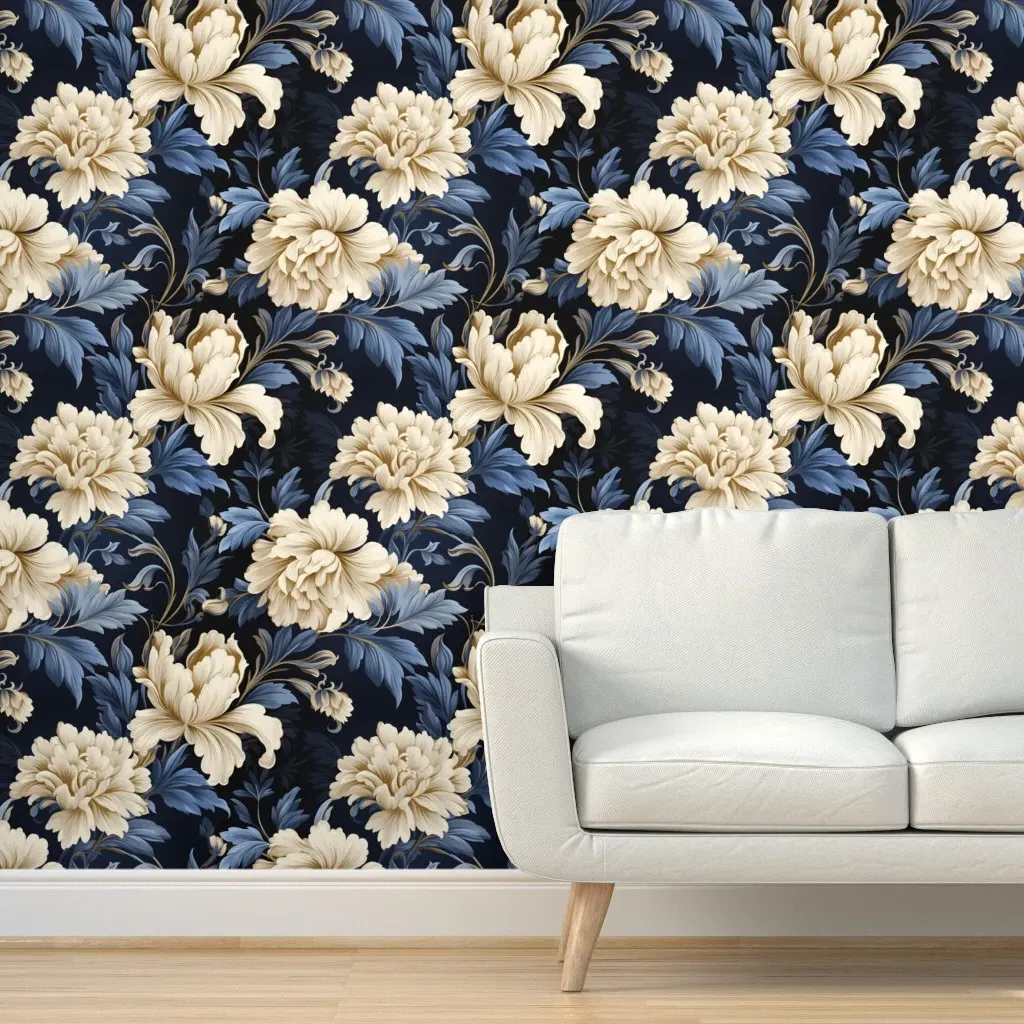 Peel and Stick Damask Peony Wallpaper - Blue, Cream product
