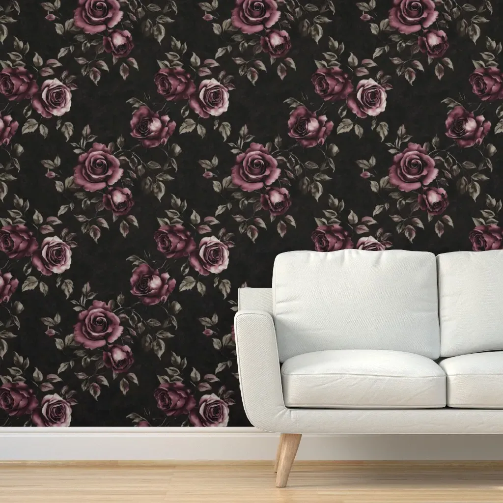 Peel and Stick Dark Floral Rose Removable Wallpaper - Burgundy Rose product
