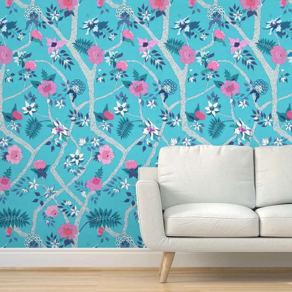 Peel and Stick Deluxe Turquoise Peony Branch Wallpaper - Blue, Purple product