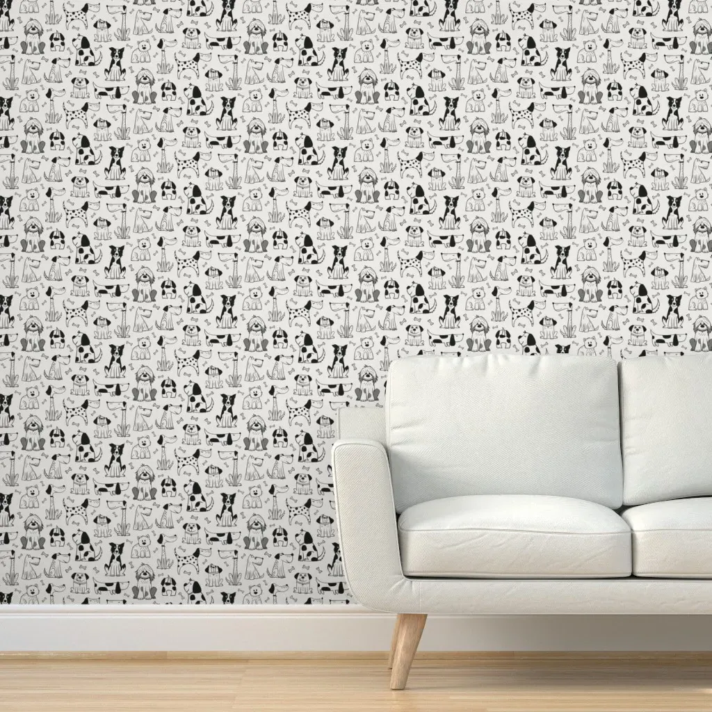 Peel and Stick Dogs Hand Drawn Wallpaper Medium Scale - Black and White product