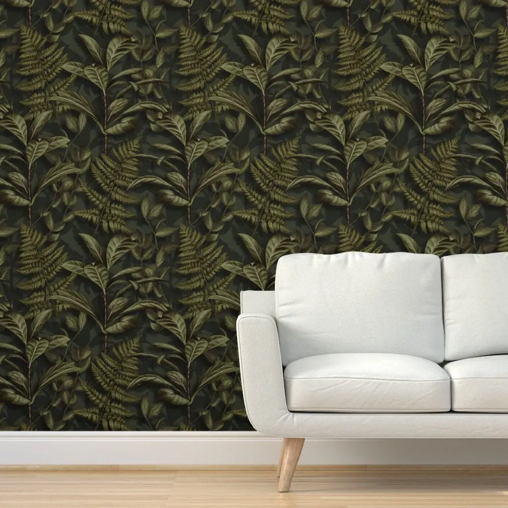 Peel and Stick Ferns & Leaves Wallpaper - Dark Olive Green product