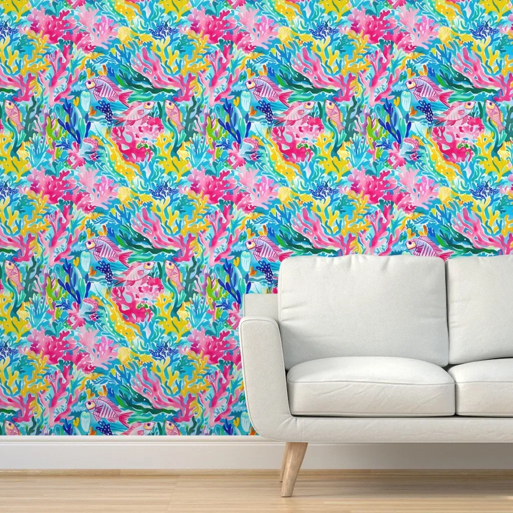 Peel and Stick Fish and Coral Reef Wallpaper - Pink product