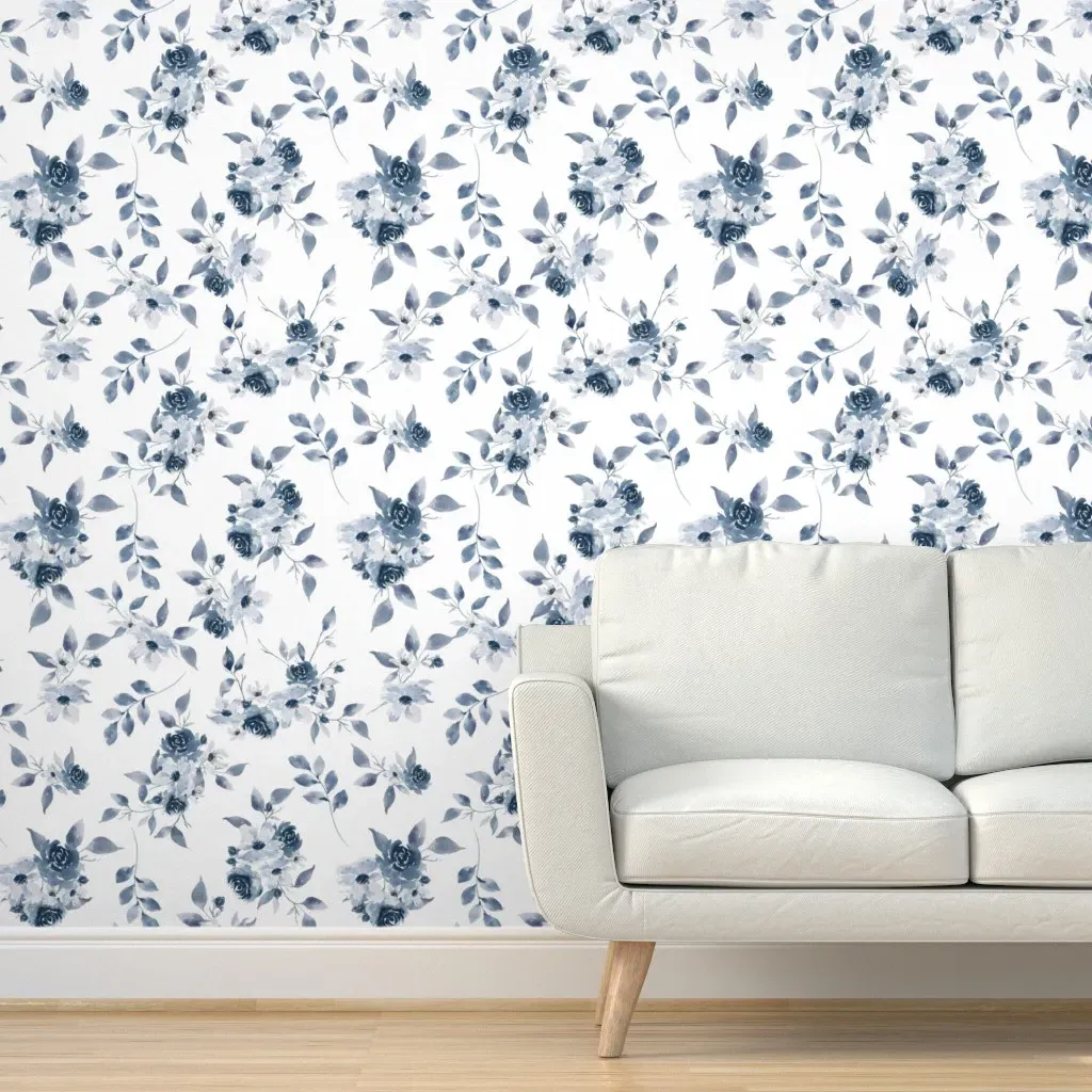 Peel and Stick Floral Botanical Watercolor Wallpaper - Dusty Blue product