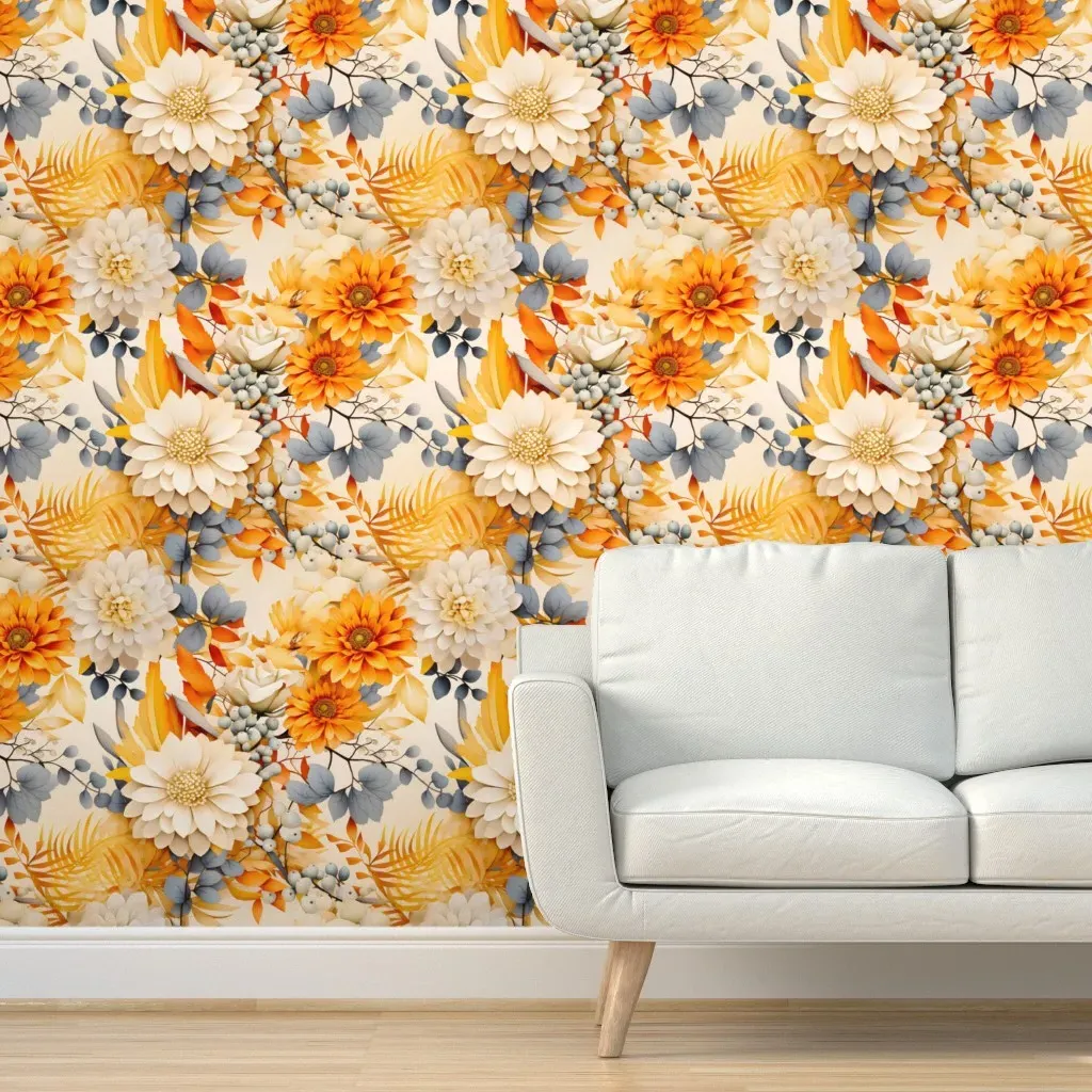 Peel and Stick Floral Wallpaper - Orange, Gold and Blue product
