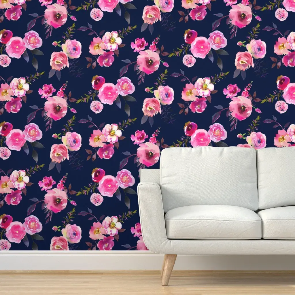 Peel and Stick Floral Wallpaper Removable - Neon Pink, Navy product
