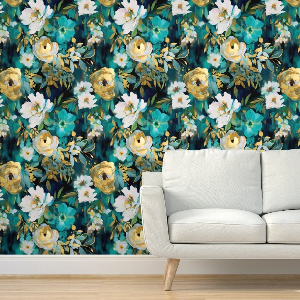 Peel and Stick Floral Wallpaper - Teal, Gold product