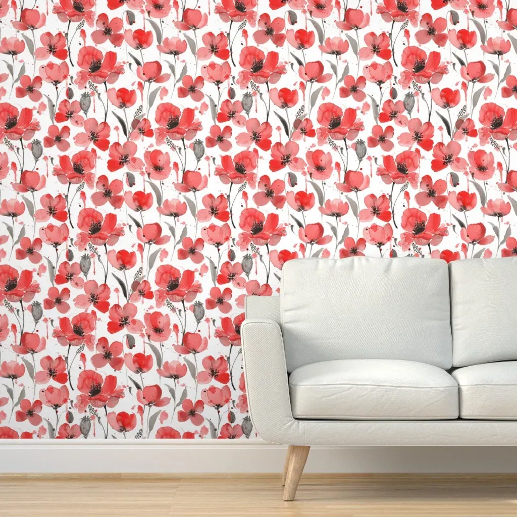 Peel and Stick Floral Wallpaper Watercolor Poppies - Red product