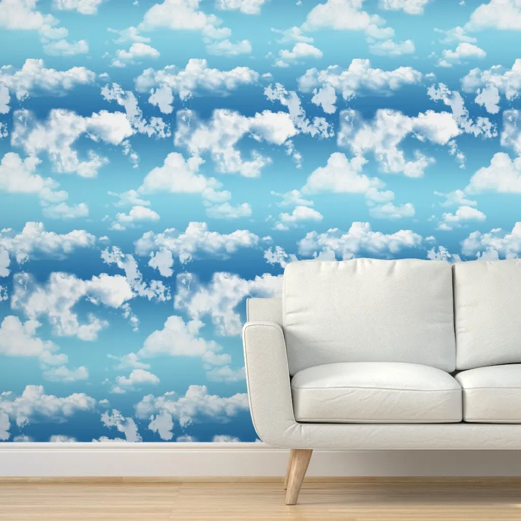Peel and Stick Fluffy Cloudy Sky Wallpaper - Blue product