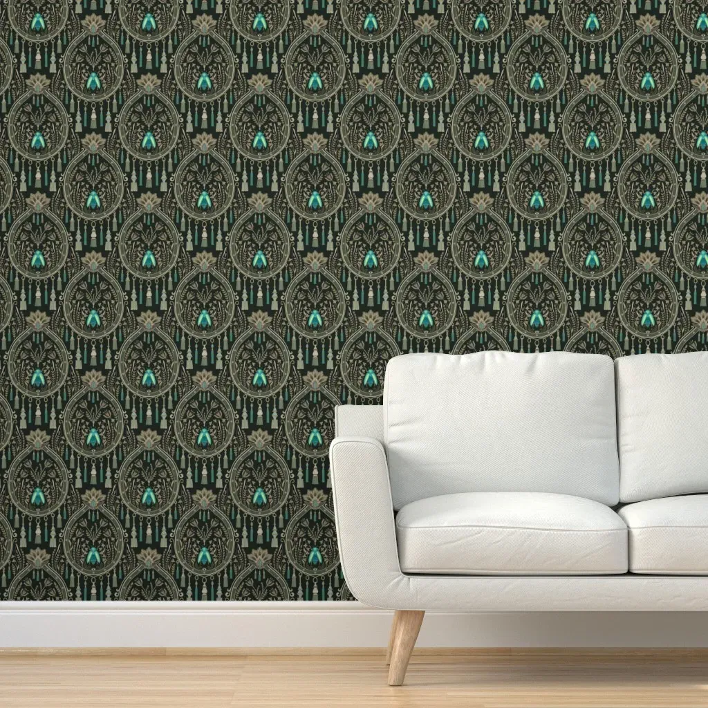 Peel and Stick Folk Floral Wallpaper with Beetles & Tassels - Teal product