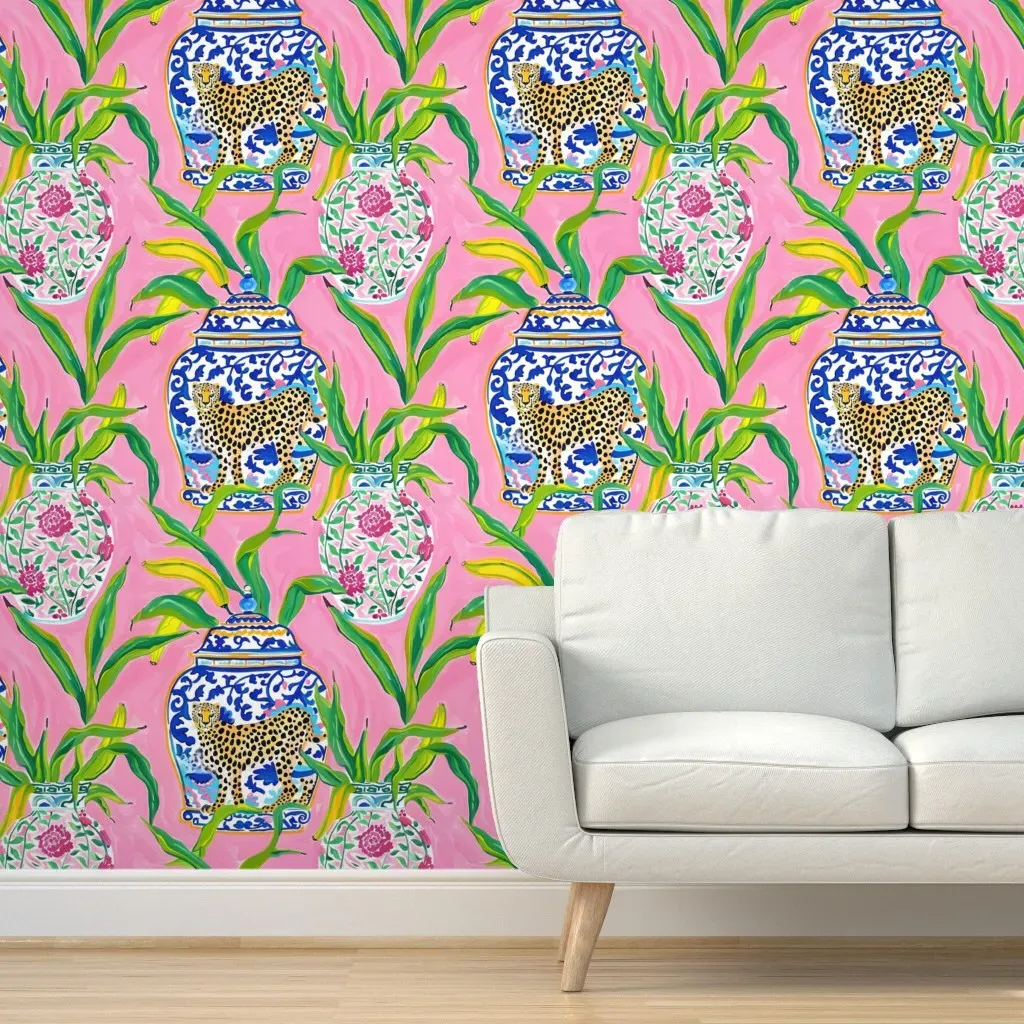 Peel and Stick Ginger Jars Cheetah Banana Leaves Wallpaper - Pink product