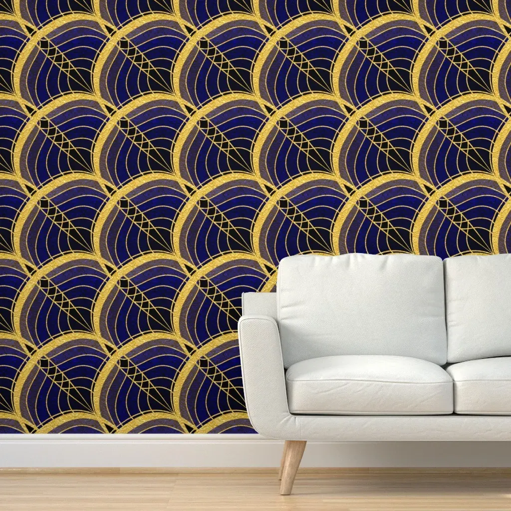 Peel and Stick Gold Foil Art Deco Wave Tile Wallpaper - Dark Blue product