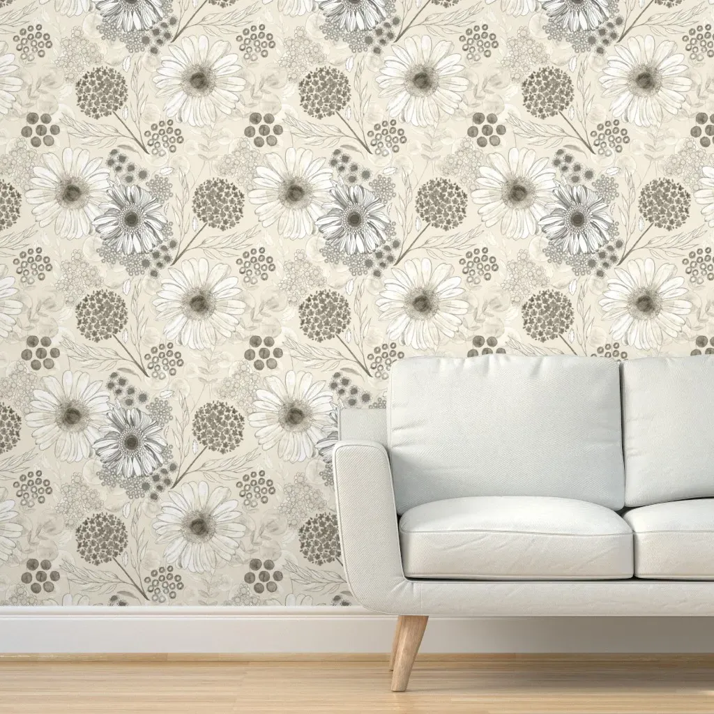 Peel and Stick Handdrawn Flowers Wallpaper Removable - Beige product