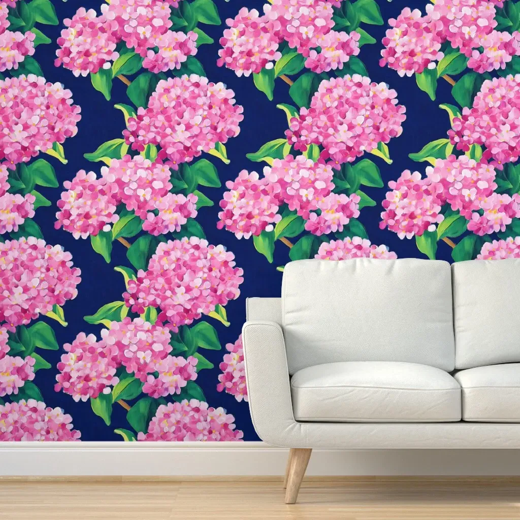 Peel and Stick Hydrangea Branches Wallpaper - Pink, Navy Blue product