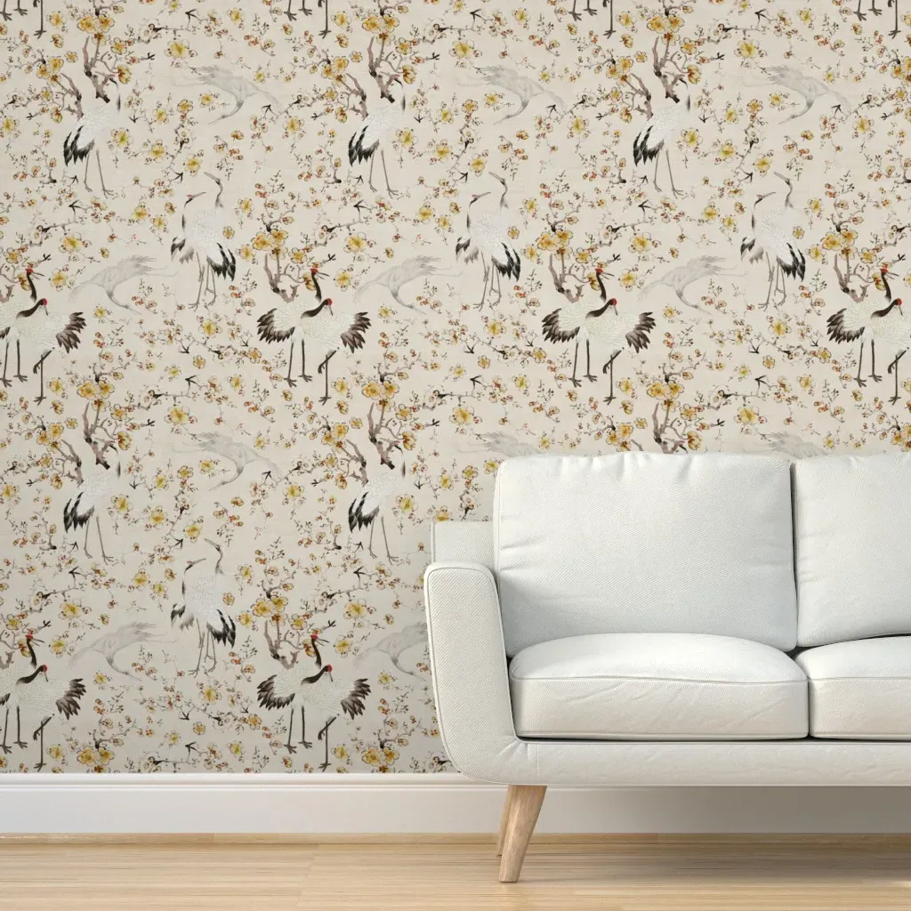 Peel and Stick Japanese Cranes & Floral Wallpaper - Off-White product