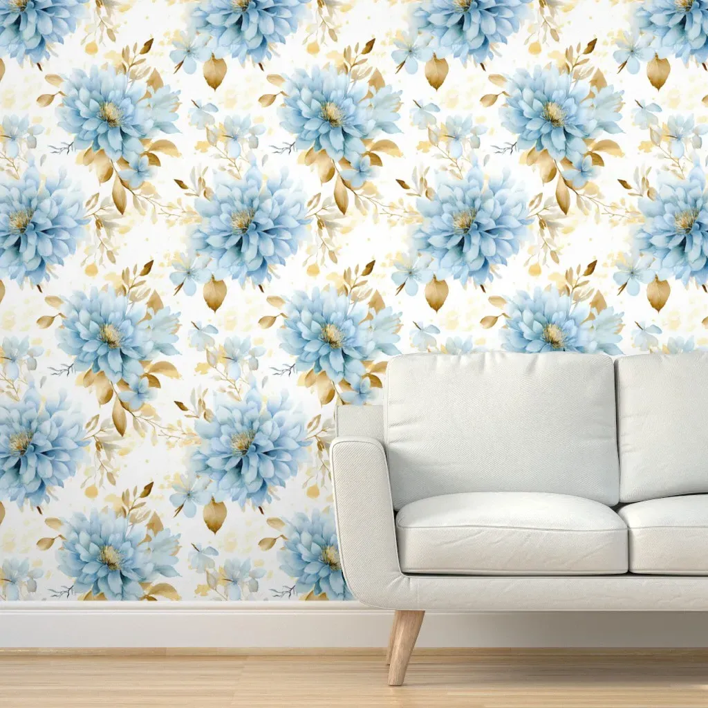 Peel and Stick Large Scale Floral Wallpaper - Light Blue, Gold product