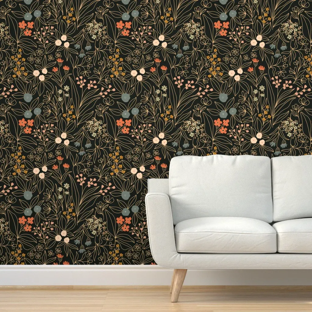 Peel and Stick Line Floral Large Wallpaper - Black, Gold product