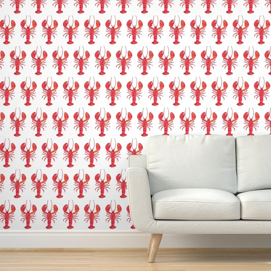 Peel and Stick Lobster Watercolor Wallpaper - Pink, White product