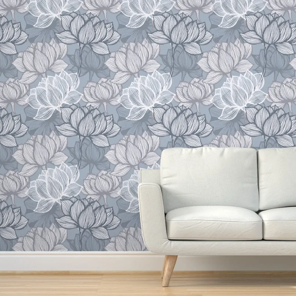 Peel and Stick Lotus Floral Wallpaper - Light Blue, Grey product