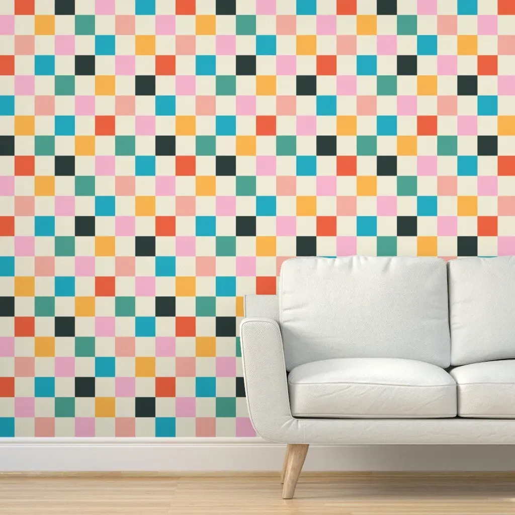 Peel and Stick Mid-Century Check Wallpaper - Pink, Green, Blue product