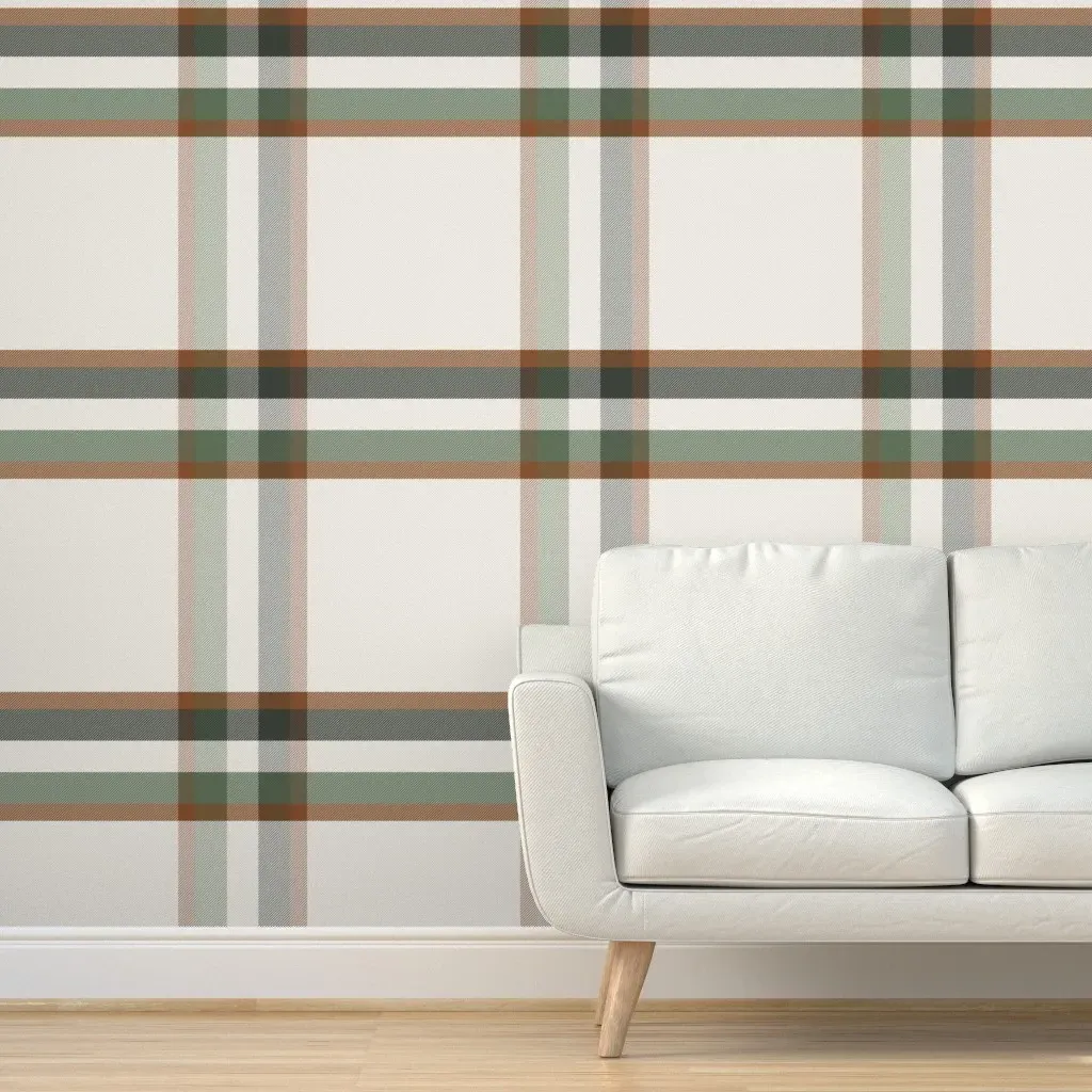Peel and Stick Moss Dark Olive Copper Plaid Wallpaper - Off-White product