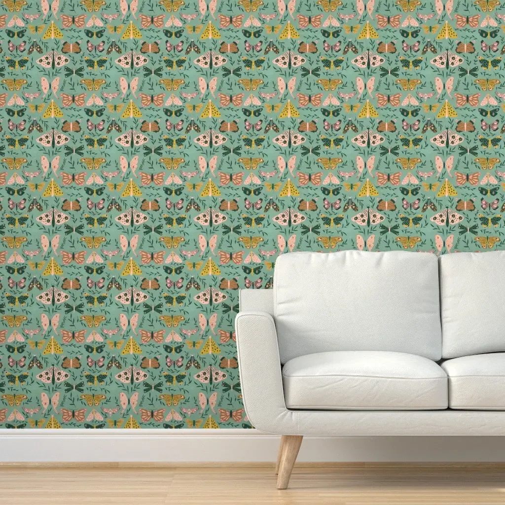 Peel and Stick Moths Removable Wallpaper - Green, Beige product