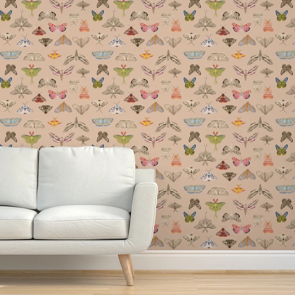 Peel and Stick Moths Wallpaper - Pink, White, Green product