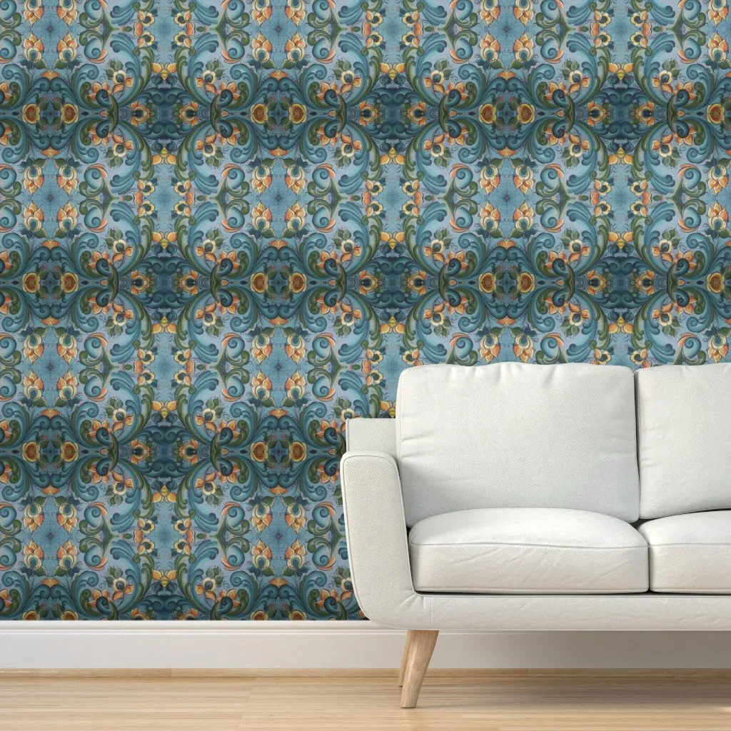 Peel and Stick Norwegian Rosemaling Wallpaper - Blue product