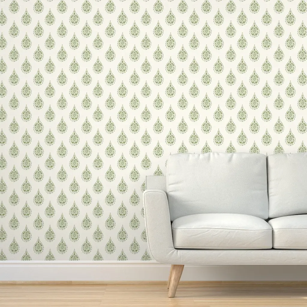 Peel and Stick Paisley Teardrop Wallpaper - Sage Green, Cream product