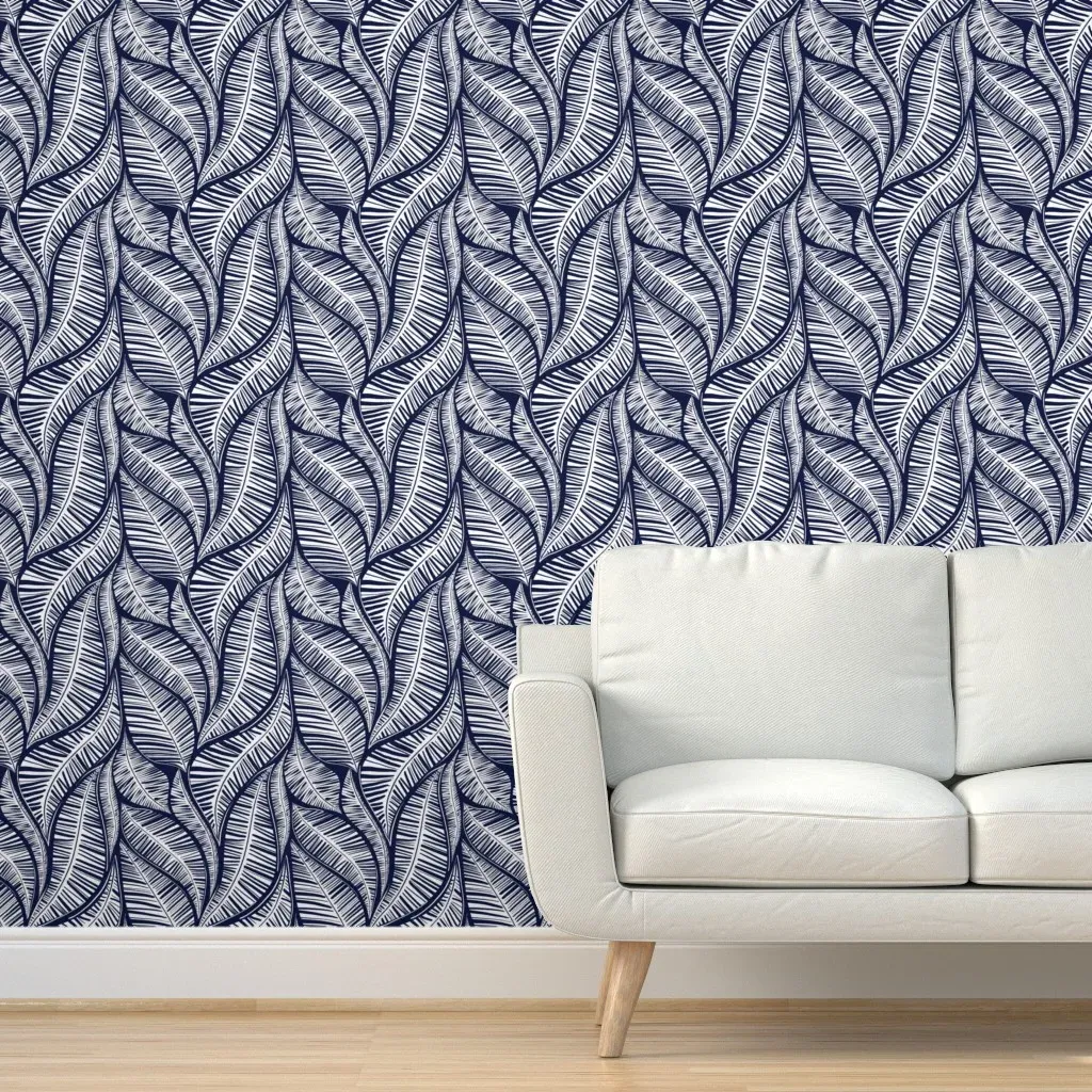 Peel and Stick Palm Leaves Wallpaper - White, Navy product