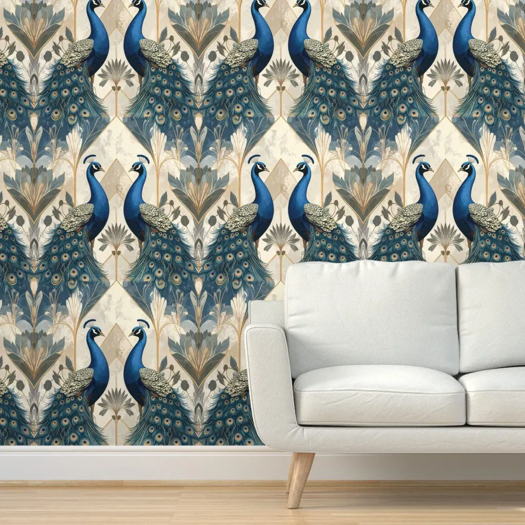 Peel and Stick Peacock Art Nouveau Wallpaper - Blue product