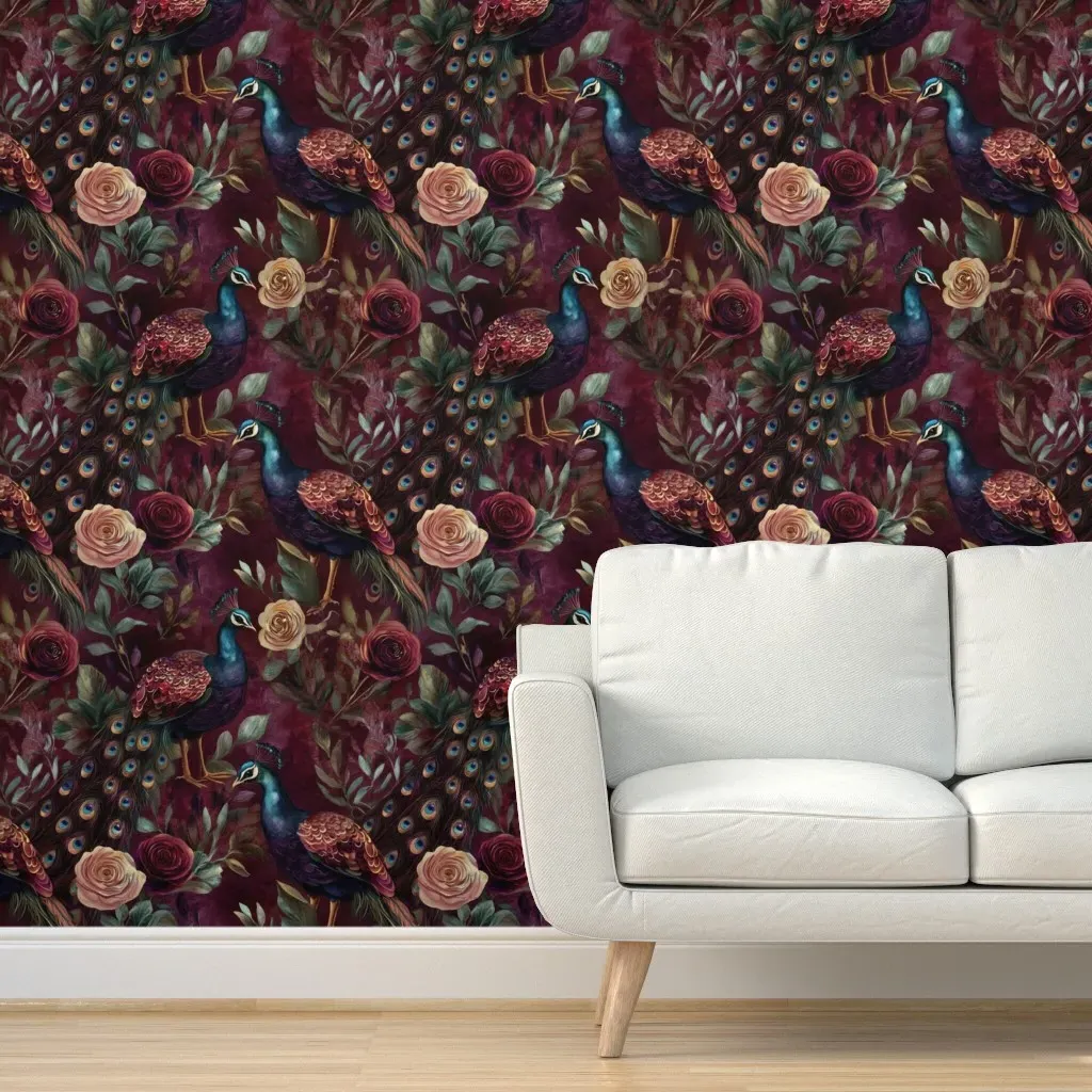 Peel and Stick Peacock & Vintage Rose Wallpaper - Burgundy product