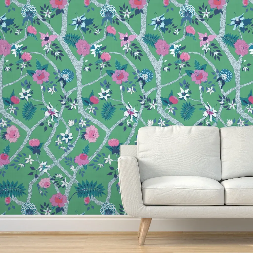 Peel and Stick Peony Branch Wallpaper - Green product