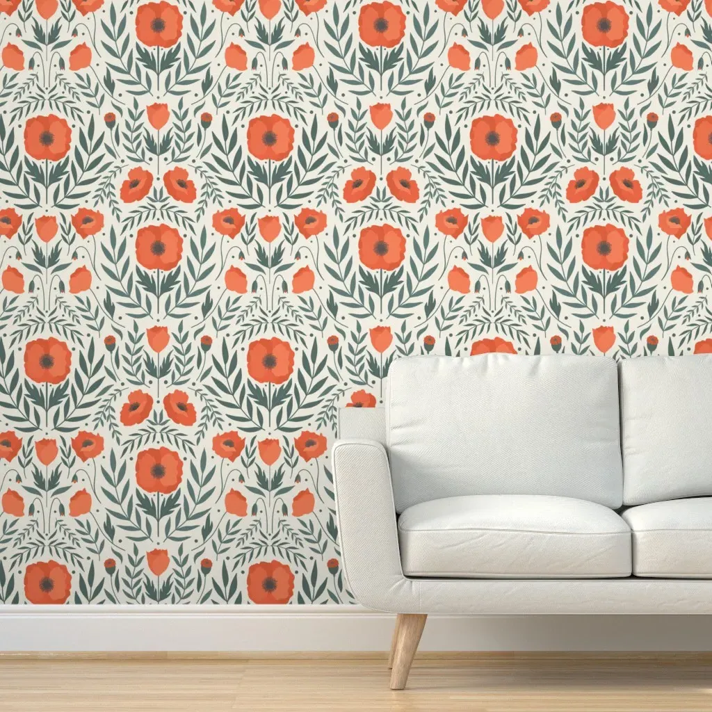 Peel and Stick Poppy Wallpaper Large Scale - Cream, Red product
