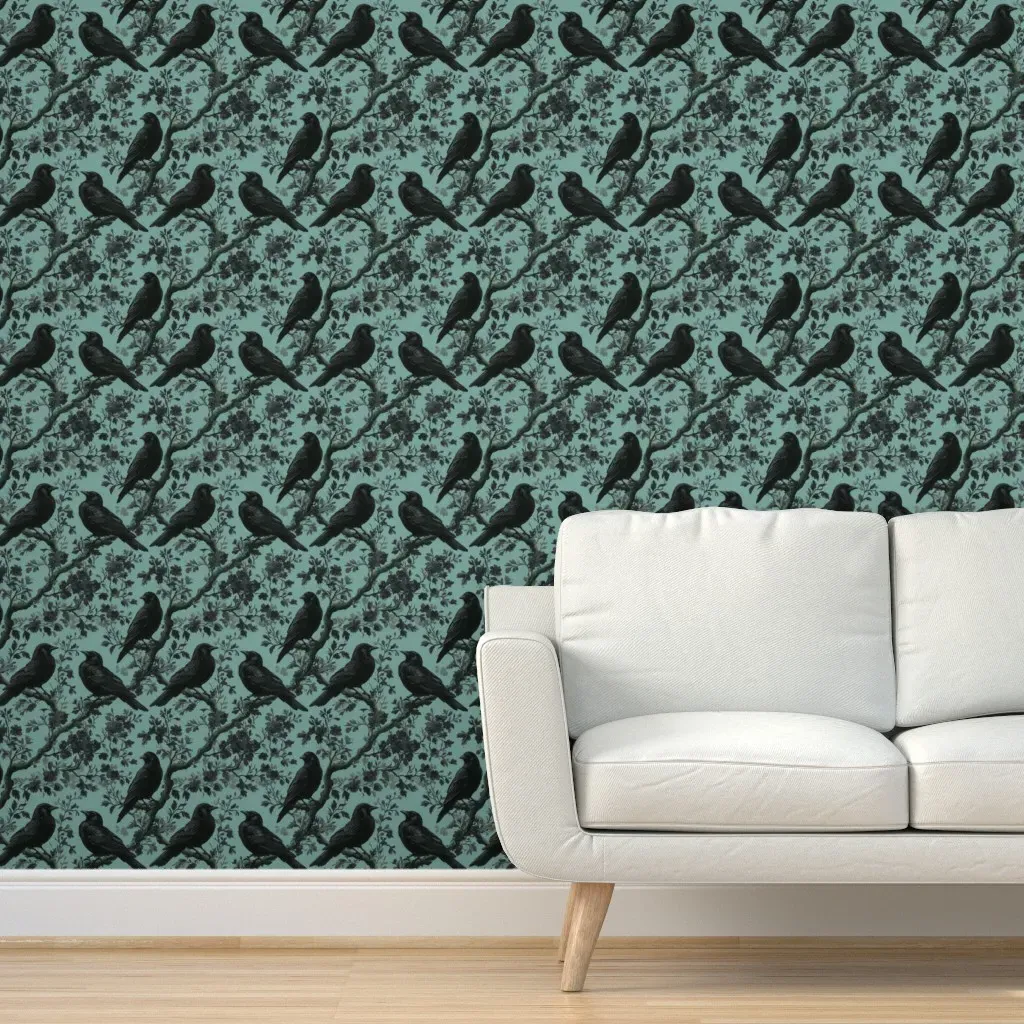 Peel and Stick Raven Gothic Wallpaper - Black, Teal product