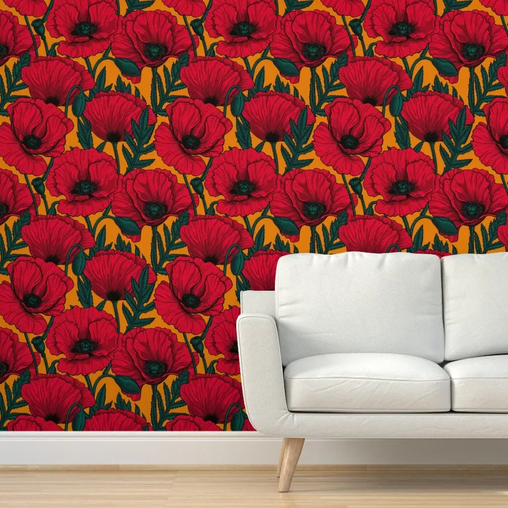 Peel and Stick Red Poppy Garden Removable Wallpaper - Black, Red, Pink product