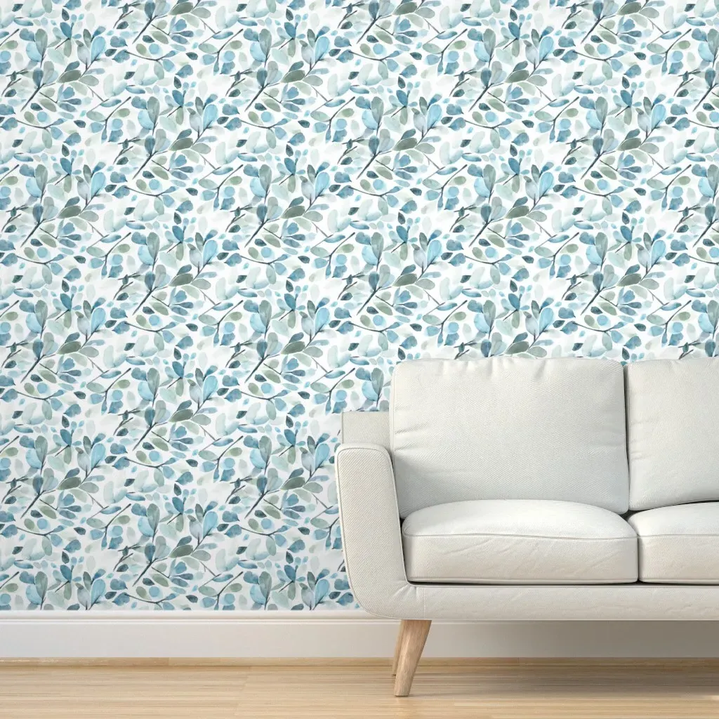 Peel and Stick Removable Wallpaper - Faded Blue Watercolor Leaves product