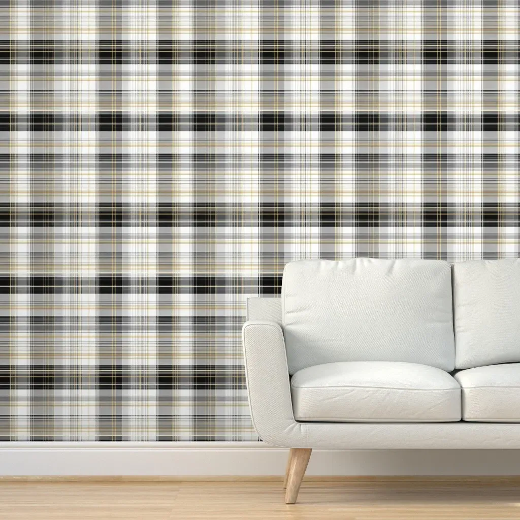 Peel and Stick Removable Wallpaper Plaid Pattern - Black, White and Gold product