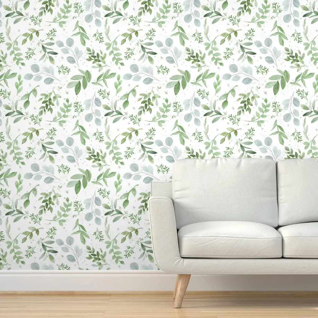 Peel and Stick Removable Wallpaper Watercolor Leaves - Green, White product