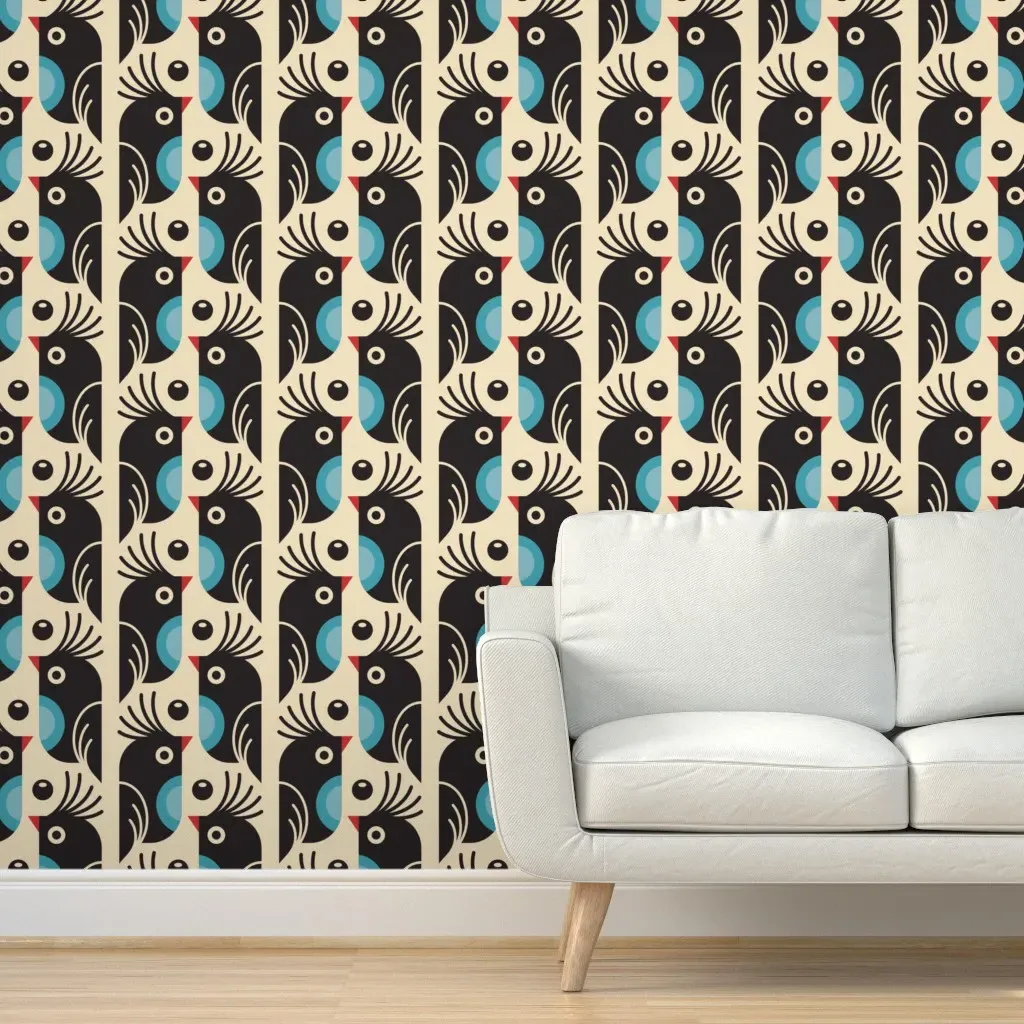 Peel and Stick Retro Birds Wallpaper - Blue, Black product