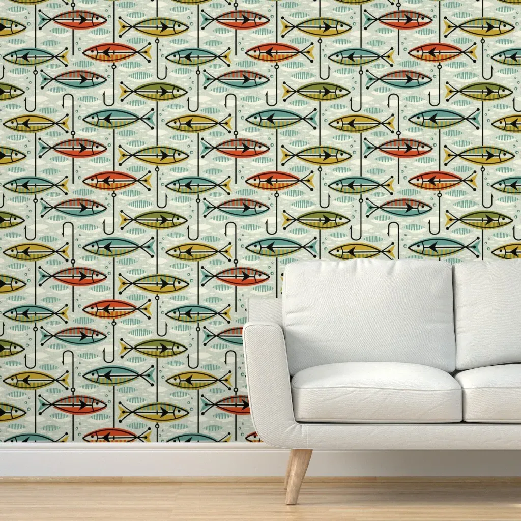 Peel and Stick Retro Color Block Fish Wallpaper - Blue product