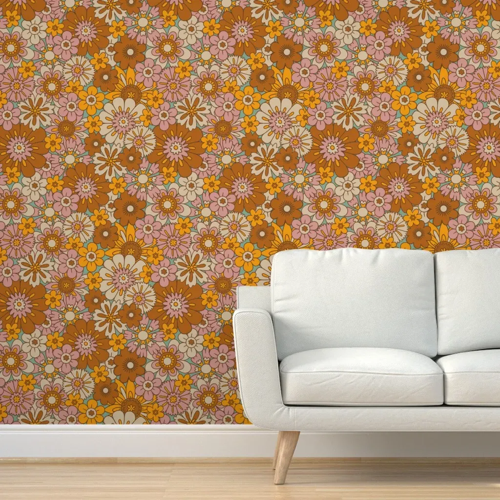 Peel and Stick Retro Floral Removable Wallpaper - Orange product