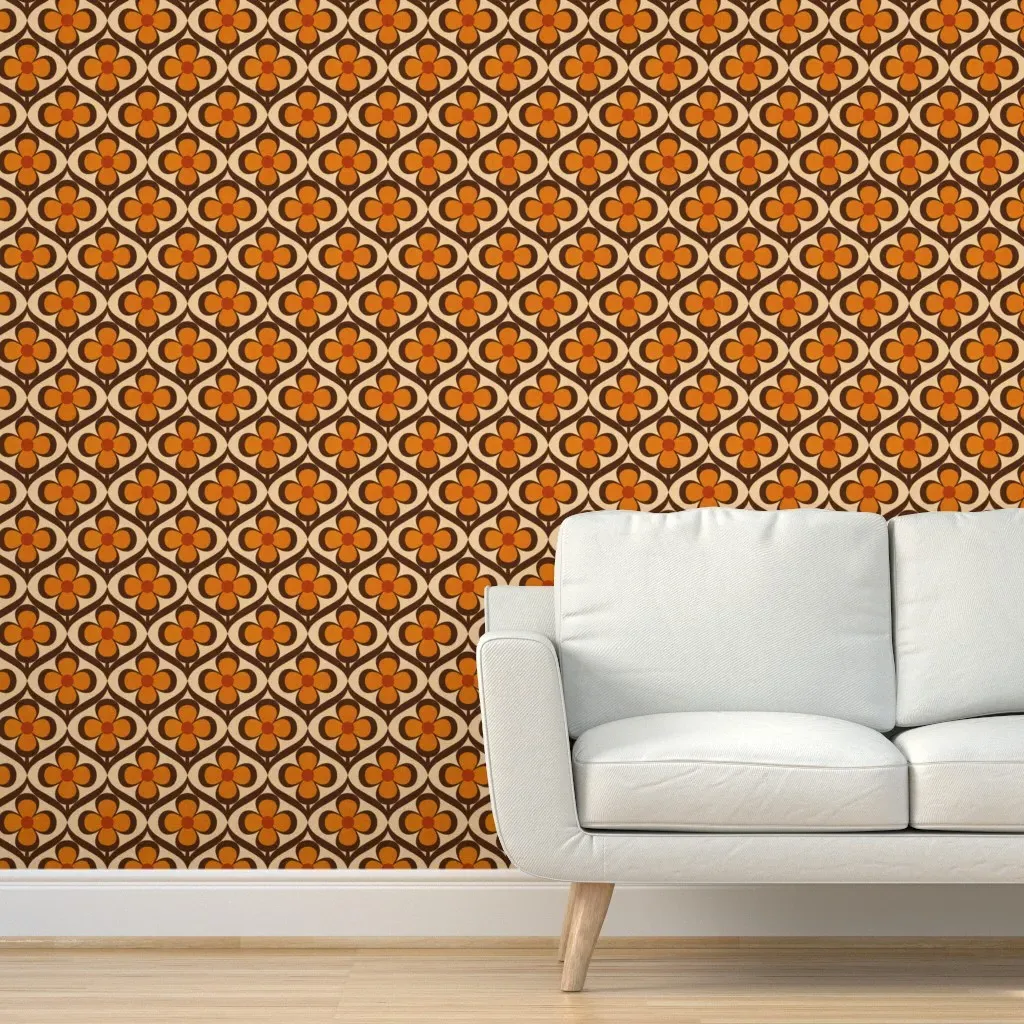 Peel and Stick Retro Floral Wallpaper - Beige, Brown, Orange product