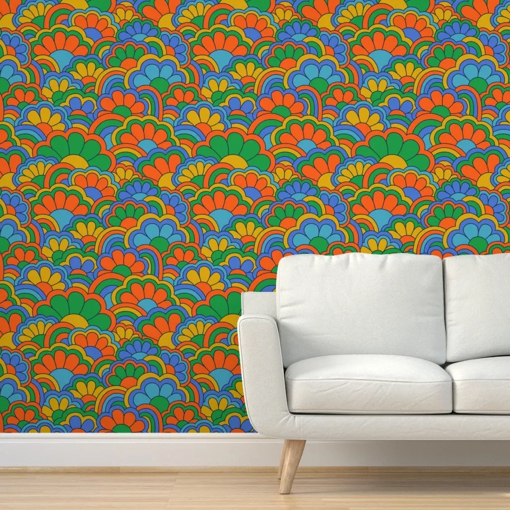 Peel and Stick Retro Rainbows & Flowers Wallpaper - Orange product