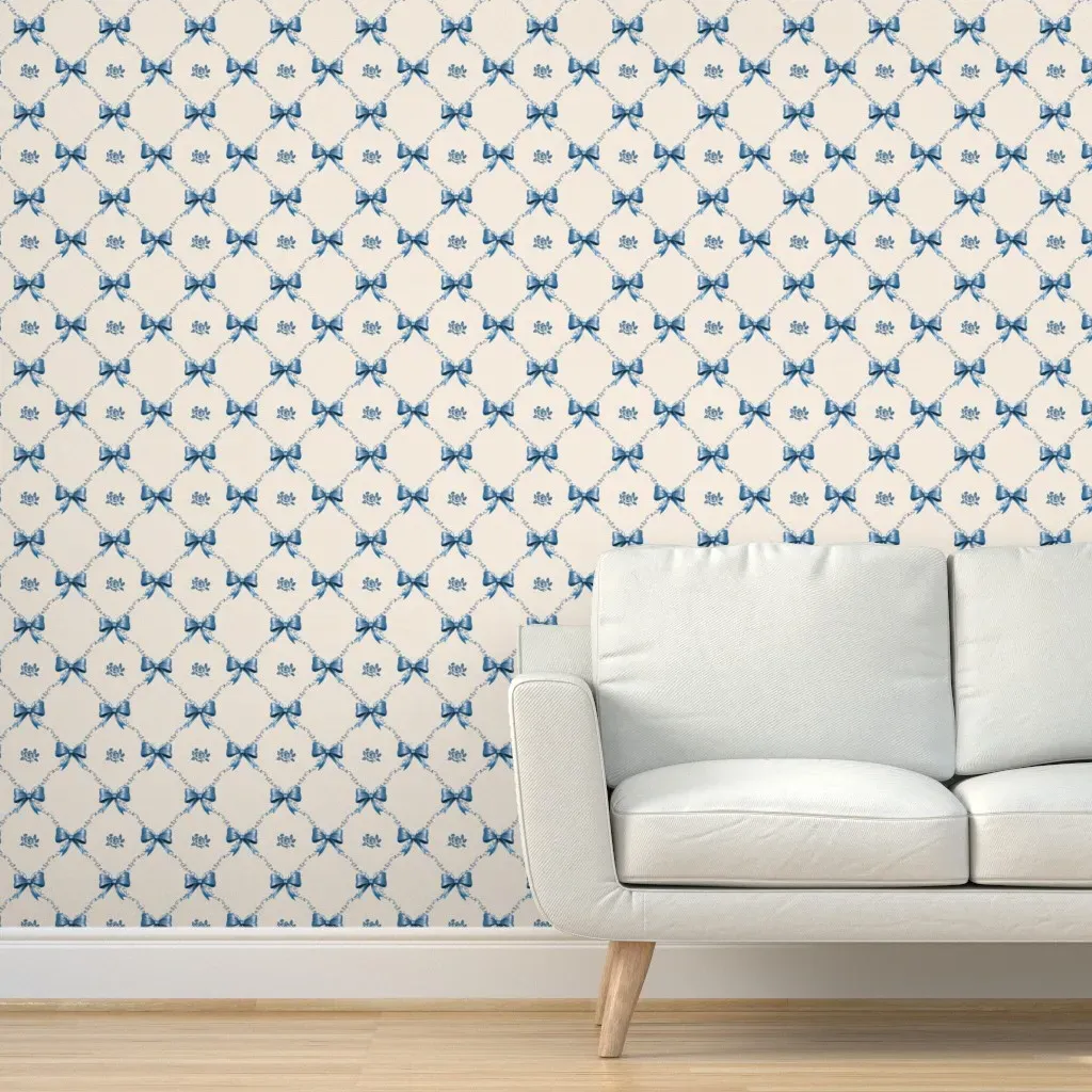 Peel and Stick Ribbons Lace Bows Wallpaper - Blue product