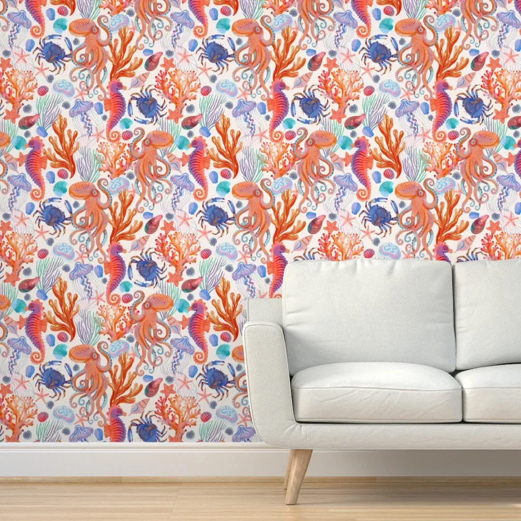 Peel and Stick Sea Creatures Wallpaper - Orange, Blue product