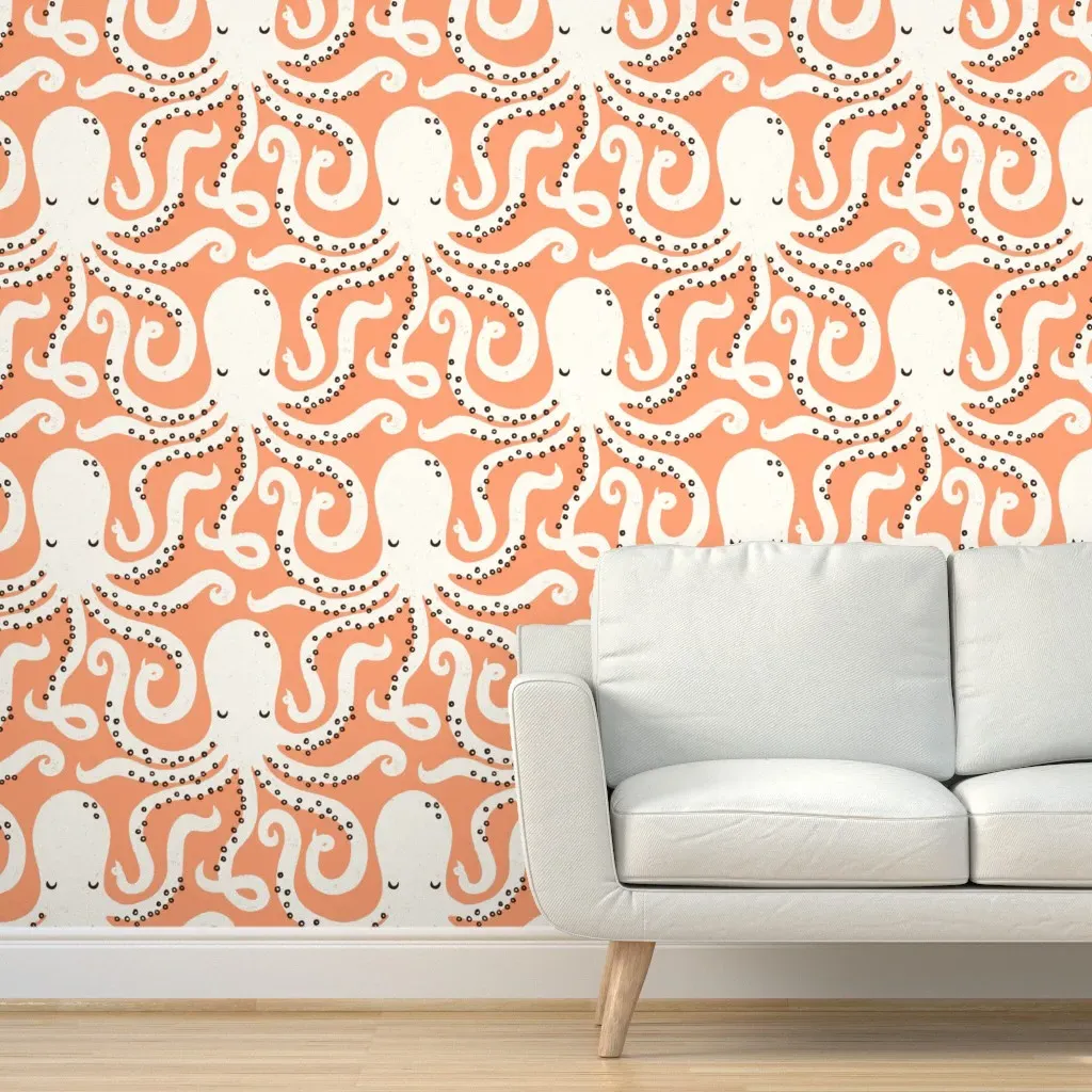 Peel and Stick Sea Creatures Wallpaper - White, Red Orange product